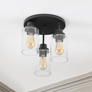 Jonah 12" Bohemian Farmhouse Iron/Seeded Glass LED Semi Flush Mount - JONATHAN Y