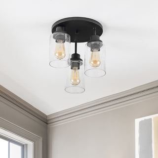 Jonah 12" Bohemian Farmhouse Iron/Seeded Glass LED Semi Flush Mount - JONATHAN Y