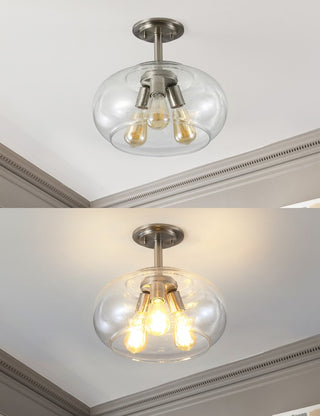 Lina 13.75"  Modern Industrial Iron/Seeded Glass LED Semi Flush Mount - JONATHAN Y