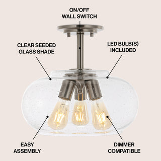 Lina 13.75"  Modern Industrial Iron/Seeded Glass LED Semi Flush Mount - JONATHAN Y