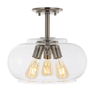 Lina 13.75"  Modern Industrial Iron/Seeded Glass LED Semi Flush Mount - JONATHAN Y