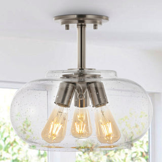 Lina 13.75"  Modern Industrial Iron/Seeded Glass LED Semi Flush Mount - JONATHAN Y