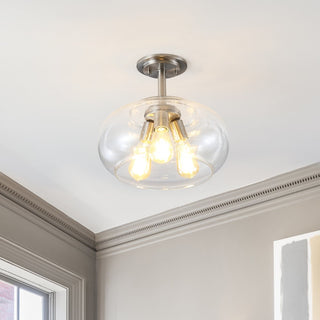 Lina 13.75"  Modern Industrial Iron/Seeded Glass LED Semi Flush Mount - JONATHAN Y