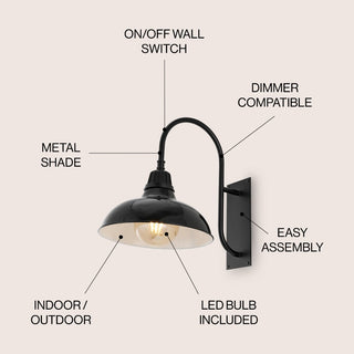 Stanley 12.25" Farmhouse Industrial Indoor/Outdoor Iron LED Gooseneck Arm Outdoor Sconce - JONATHAN Y