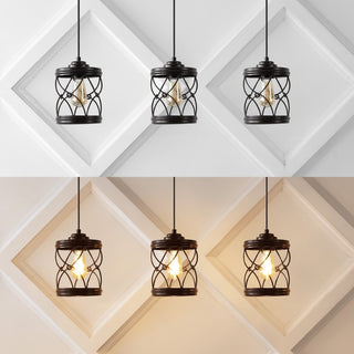 Marelle 6.5" Farmhouse Industrial Iron Filigree Caged Jar LED Pendant - JONATHAN Y