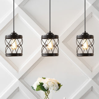 Marelle 6.5" Farmhouse Industrial Iron Filigree Caged Jar LED Pendant - JONATHAN Y
