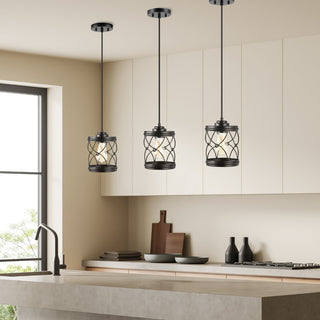 Marelle 6.5" Farmhouse Industrial Iron Filigree Caged Jar LED Pendant - JONATHAN Y