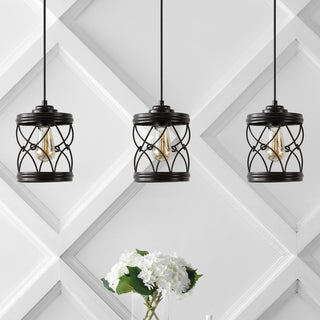 Marelle 6.5" Farmhouse Industrial Iron Filigree Caged Jar LED Pendant - JONATHAN Y