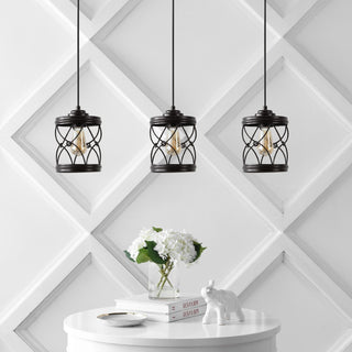 Marelle 6.5" Farmhouse Industrial Iron Filigree Caged Jar LED Pendant - JONATHAN Y