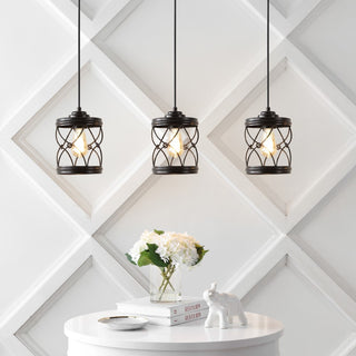 Marelle 6.5" Farmhouse Industrial Iron Filigree Caged Jar LED Pendant - JONATHAN Y