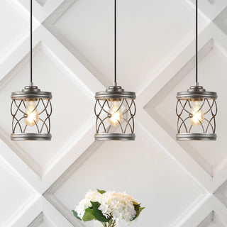 Marelle 6.5" Farmhouse Industrial Iron Filigree Caged Jar LED Pendant - JONATHAN Y