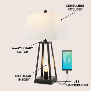 Waylon 28.5" Classic Industrial Iron Nightlight LED Table Lamp with USB Charging Port - JONATHAN Y