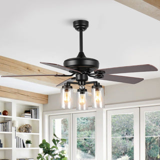 Lucas 52"  Rustic Industrial Iron/Wood/Seeded Glass Mobile-App/Remote-Controlled LED Ceiling Fan - JONATHAN Y