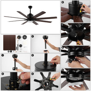 Octo 66" Contemporary Industrial Iron/Plastic Mobile-App/Remote-Controlled 6-Speed Ceiling Fan with Integrated LED Light