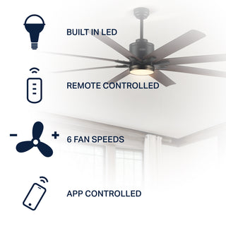Octo 66" Contemporary Industrial Iron/Plastic Mobile-App/Remote-Controlled 6-Speed Ceiling Fan with Integrated LED Light