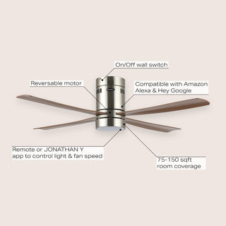 Theo 52" Contemporary Minimalist Iron/Acrylic Mobile-App/Remote-Controlled 6-Speed Integrated LED Ceiling Fan - JONATHAN Y