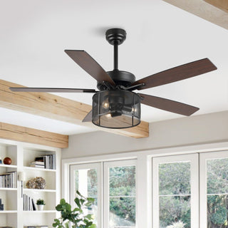 Max 52"  Farmhouse Industrial Iron/Wood Mobile-App/Remote-Controlled LED Ceiling Fan - JONATHAN Y