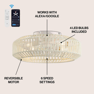 Rowan 19.5" 4-Light Modern Bohemian 6-Speed Metal/Rattan Mobile-App/Remote-Controlled Lantern LED Ceiling Fan - JONATHAN Y