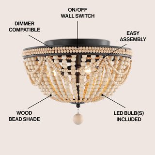 Dune Wood Bead 15.25" Bohemian Farmhouse Iron LED Semi Flush Mount - JONATHAN Y