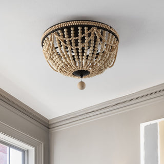 Dune Wood Bead 15.25" Bohemian Farmhouse Iron LED Semi Flush Mount - JONATHAN Y