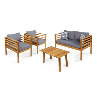 Thom 4-Piece Mid-Century Modern Acacia Wood Outdoor Patio Set with Cushions and Plaid Decorative Pillows - JONATHAN Y