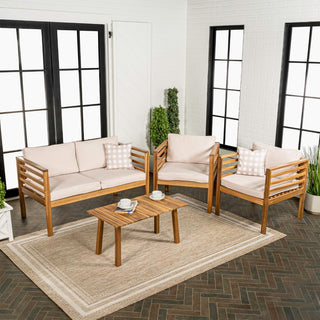 Thom 4-Piece Mid-Century Modern Acacia Wood Outdoor Patio Set with Cushions and Plaid Decorative Pillows - JONATHAN Y