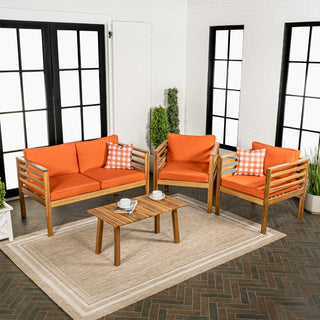 Thom 4-Piece Mid-Century Modern Acacia Wood Outdoor Patio Set with Cushions and Plaid Decorative Pillows - JONATHAN Y