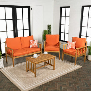 Everly 4-Piece Modern Cottage Acacia Wood Outdoor Patio Set with Cushions and Tropical Decorative Pillows - JONATHAN Y