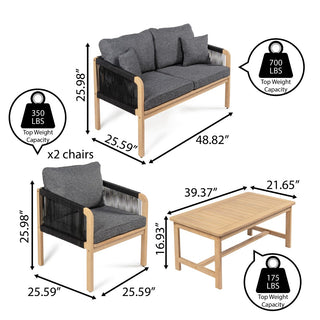 Tavira 4-Piece Modern Bohemian Acacia Wood Outdoor Patio Set with Cushions and Plain Decorative Pillows - JONATHAN Y