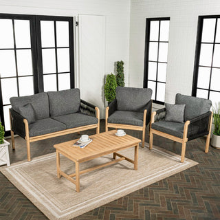 Tavira 4-Piece Modern Bohemian Acacia Wood Outdoor Patio Set with Cushions and Plain Decorative Pillows - JONATHAN Y