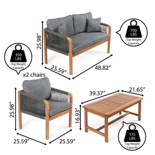 Tavira 4-Piece Modern Bohemian Acacia Wood Outdoor Patio Set with Cushions and Plain Decorative Pillows - JONATHAN Y
