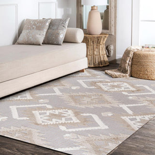 Sumak High-low Pile Neutral Diamond Kilim Area Rug - JONATHAN Y