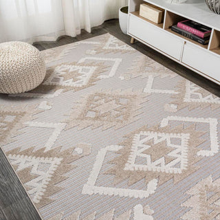 Sumak High-low Pile Neutral Diamond Kilim Area Rug - JONATHAN Y