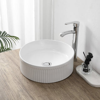 Element 14.75 in. W x 14.75 in. D Modern Designer Round Fluted Ceramic Bathroom Vessel Sink