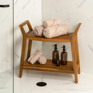 Orla 25.6" Modern Classic Slatted Solid Acacia Wood Indoor/Outdoor Shower Bench with Shelf and Handle
