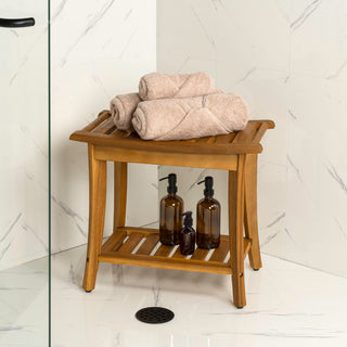 Tucker 22.1" Traditional Classic Slatted Solid Acacia Wood Indoor/Outdoor Shower Bench with Shelf and Handle