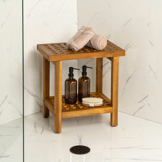 Armin 18.1" Modern Classic Grid Slat Solid Acacia Wood Indoor/Outdoor Shower Stool