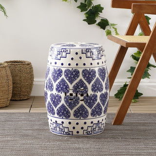 Happy Hearts 17.8" Chinoiserie Ceramic Drum Garden Stool - JONATHAN Y