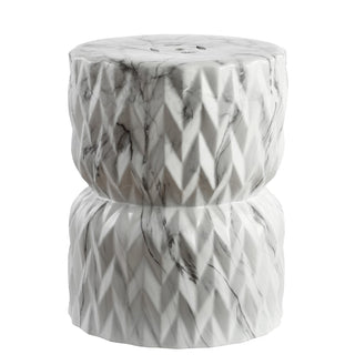 Chevron Drum 17.5" White Marble Finish Ceramic Garden Stool - JONATHAN Y