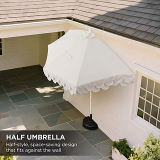 Terrace Arc 9 ft. Classic MidCentury Scalloped Fringe Market Patio Half Umbrella with CrankTilt Button and UV Protection