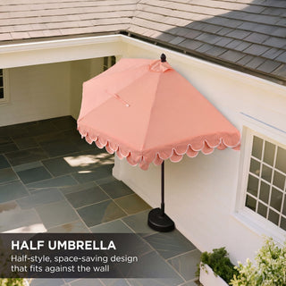 Terrace Arc 9 ft. Classic MidCentury Scalloped Fringe Market Patio Half Umbrella with CrankTilt Button and UV Protection