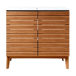 Calandre Thin Linear Slat Modern Farmhouse 2-Shelf Bath Vanity Cabinet Only (Sink Basin not Included)