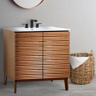 Calandre Thin Linear Slat Modern Farmhouse 2-Shelf Bath Vanity Cabinet Only (Sink Basin not Included)
