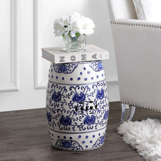 Lotus Flower 17.8" Chinoiserie Ceramic Drum Garden Stool - JONATHAN Y