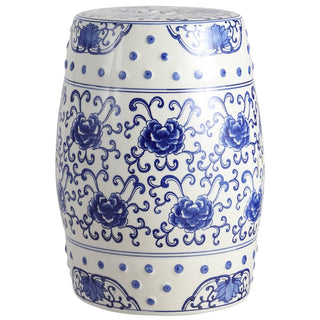 Lotus Flower 17.8" Chinoiserie Ceramic Drum Garden Stool - JONATHAN Y