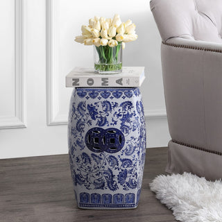 Floral Vine 18.5" Chinoiserie Ceramice Square Garden Stool - JONATHAN Y