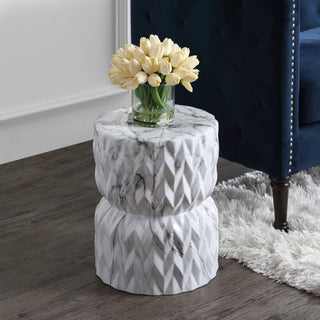 Chevron Drum 17.5" White Marble Finish Ceramic Garden Stool - JONATHAN Y